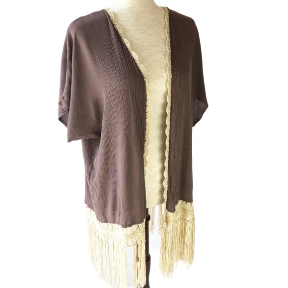Umgee Womens Brown Crochet Lace Trim Short Sleeve Fringe Kimono Cardigan - Picture 9 of 13